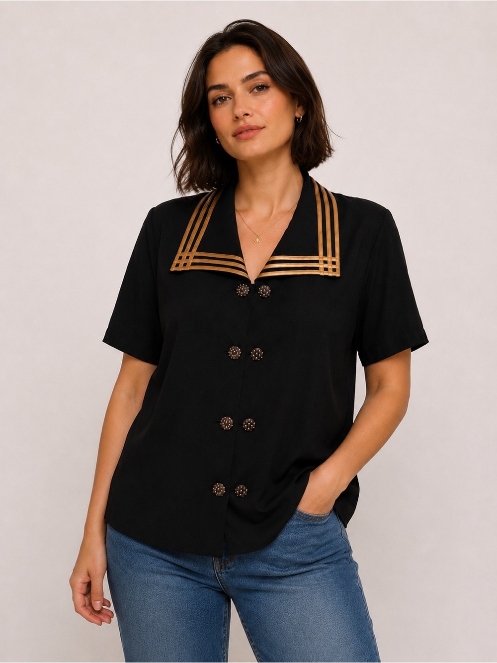 Vintage 80s Black Short-Sleeve Button Front Top with Gold Trim Collar- 48" bust